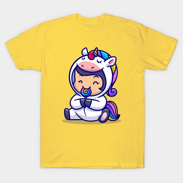 Cute Little Girl Wearing Unicorn Costume And Eat Lollipop T-Shirt by Catalyst Labs